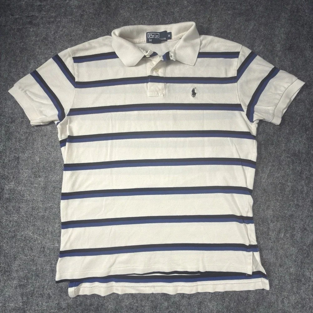 Polo Ralph Lauren Polo Shirt Men Medium White Blue Stripe Cotton Pique Pony Logo